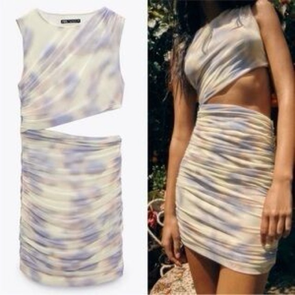 NEW | ZARA MESH PASTEL TIE DYE RUCHED CUT OUT SLEEVELESS MINI DRESS